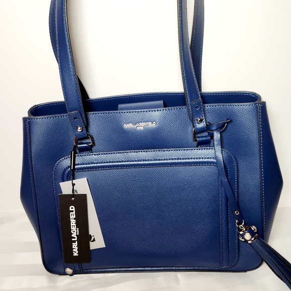 NEW Karl Lagerfeld Navy Leather Tote Handbag - Picture 1 of 10